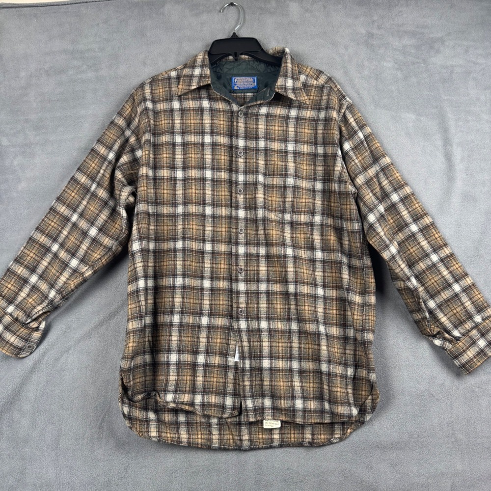 Vintage Pendleton Wool Flannel Shirt XL Brown Plaid Made in USA Virgin Wool
